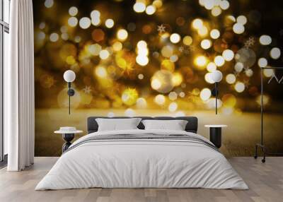 Christmas Golden Lights Background, Party Or Celebration Texture With Wood Wall mural