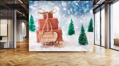 Christmas Sleigh On Blue Background, Happy Birthday Wall mural