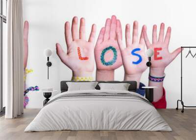 Kids Hands Holding Colorful English Word Never Lose Hope. White Isolated Background Wall mural