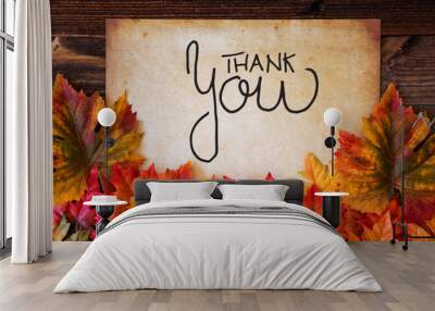 Old Paper With English Calligraphy Thank You. Colorful Leaves Autumn Decoration Wall mural