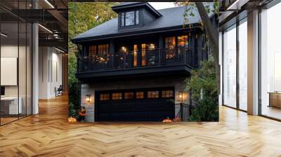 apartment balcony above 1 car garage with black railing, house is dark brown, decorated for Halloween Wall mural