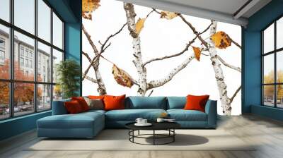 Birch twig. Dead leaf. Autumn colour. White background. Painted hunting camo. White space. Detailed. Diagonal.  Wall mural