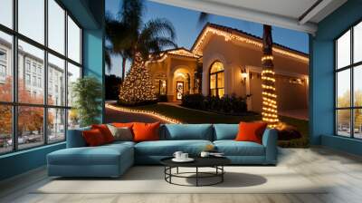 home with warm white christmas lights around gutter in a perfectly straight line, a palm tree outside wrapped neatly Wall mural