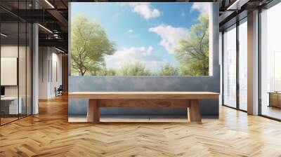 large window in a wooden garden bench, in the style of minimalist backgrounds, joyful celebration of nature, blue skies, Kitchen, clear edge definition Wall mural