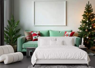 Light green sofa with Christmas themed pillows, in a living room with a Christmas tree decorated with colorful lights and ornaments, and an empty white frame on the wall, black marble floor with gold Wall mural