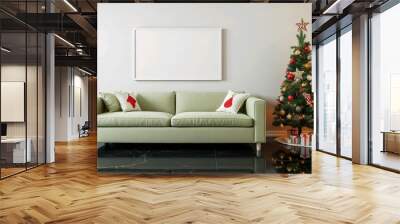 Light green sofa with Christmas themed pillows, in a living room with a Christmas tree decorated with colorful lights and ornaments, and an empty white frame on the wall, black marble floor with gold Wall mural