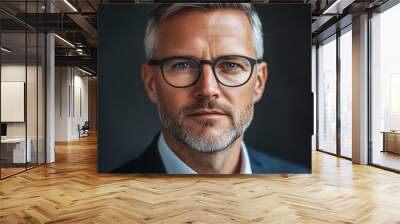 man in business clothes, photo for business card male 30+ European, light skin blue eyes, regular oval face, gray short hair, glasses with heavy dark frames Wall mural