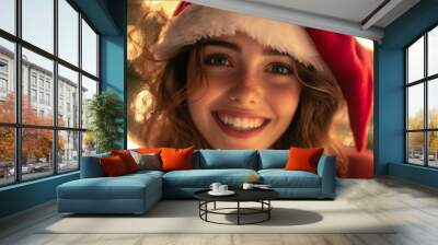 nostalgic Christmas young woman close portrait, smiling Wall mural