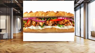 Product photography of a chicken shawarma sandwich with white cream cheese, vegetables and red onion on top, isolated background.  Wall mural