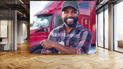 truck driver happy in front of his truck with money in his hand and a smile  Wall mural