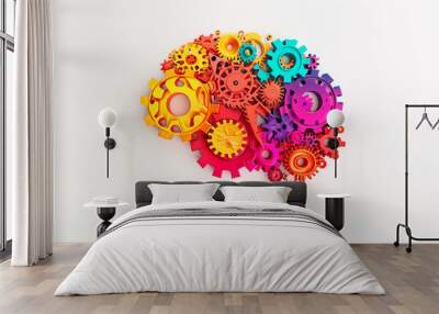 Colorful Gears Forming a Brain Shape on a White Background Illustrating Creativity Wall mural