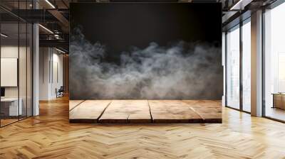 Wood table and black wall background fog. Generative AI Wall mural