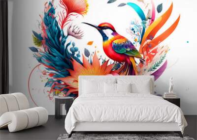 Arrangement of Tropical flowers and plants, with colorful birds, and coral, on an isolated White Background
Generative AI Wall mural