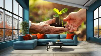 Hand of elderly man giving young plant to child's hand on green natural background. Ecology, environment protection for new generation - ai Wall mural