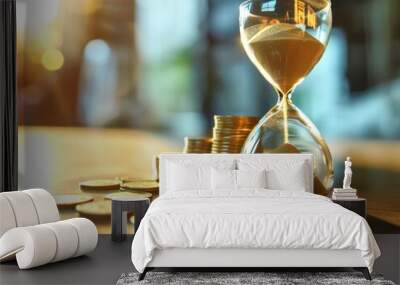 Sand Clocks with Coins on a Table , copyspace area - ai Wall mural