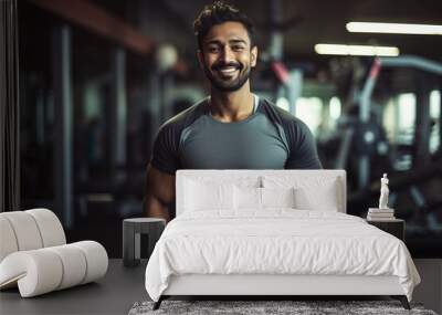 Smiling young Indian man wearing sportswear posing in gym Wall mural