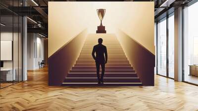 A businessman climbs the staircase to success, going for trophy that symbolizes his achievement and victory, as the winner targets the top award in his career and embraces new opportunities Wall mural