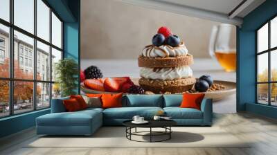 A cake with a white frosting and blueberries on top Wall mural