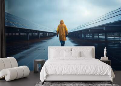 A man walking in the middle of two long rows of solar panels in the field at a rainy day. Gloomy weather, dark clouds, Alternative power source, renewable energy, environment saving, ecology concept Wall mural