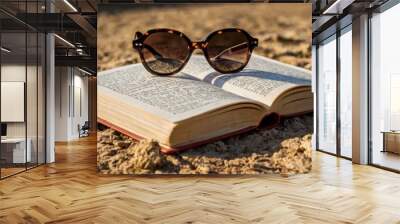 A pair of sunglasses is on top of an open book Wall mural