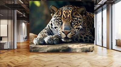 A resting leopard cat in savannah, a powerful predator of the wilderness, beauty of panthera in wildlife with its stunning spots and fur, hunter nature in Africa exotic jungle landscape Wall mural