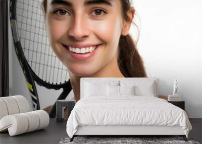 A young female tennis player, isolated woman smiling, athlete with a racket in hand, sport and game competition in a training session Wall mural