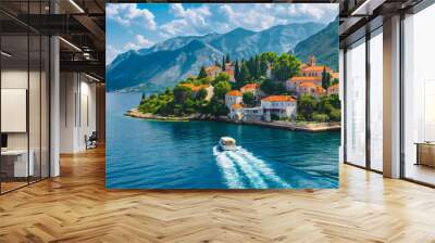 Aerial drone view of town houses or homes on ocean or seacoast. Mediterranean island tourism landscape, summer holiday cityscape, boat on water, coastal panoramic cliff, Italian village Wall mural