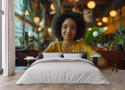 African American woman enjoying vegan meal at restaurant, vegetarian lunch with healthy salad, young female eating organic food diet, happy girl with fresh nutrition dinner Wall mural