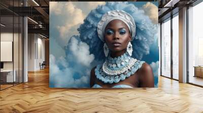 African American woman with blue afro hair blue clothing standing in front of a blue sky Wall mural