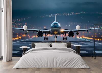 Airplane departure from the ground, flying up in the air on an airport during the evening or night, front view photography. Commercial aircraft flight transport, takeoff or landing Wall mural