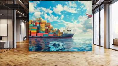 Airplane flying above the cargo ship boat full of colorful containers on sea or ocean water. International freight business delivery transportation, goods supply distribution commercial industry Wall mural