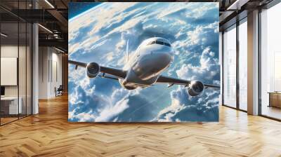 Airplane flying around blue planet earth globe. Travel around the world concept, airline continent journey tourism transportation, global flight trip, international worldwide route, visit tour Wall mural