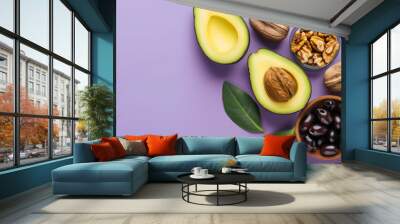 Avocado nuts and olive rich in fat for keto diet nutrition, featuring good unsaturated essential oil and healthy food, fresh organic omega 3 and 6, natural protein vitamin fatty superfood, copy space Wall mural