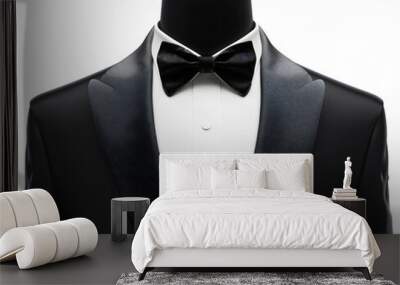 Black tuxedo suit with bow tie and white shirt on a mannequin isolated on a transparent background. Luxury businessman or groom clothing fashion, wedding style, elegance wear, gentleman tailor Wall mural