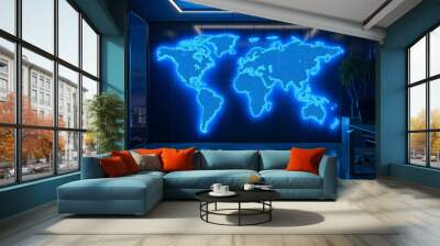 Blue glowing world map on the wall of empty business office at night. International worldwide network, corporate company career building strategy, marketing globalization promotion Wall mural