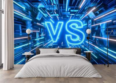 Blue neon glowing sport technology vs or versus text background. Fight, battle or game competition illustration, championship contest, competitive tournament Wall mural