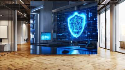 Blue shield on display screen on monitor in business office. Safe and secure privacy data access, online digital internet network lock, information protection technology, device firewall antivirus Wall mural