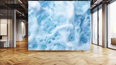 Blue white foam water background. Shampoo detergent soap laundry wash clean liquid texture with bubbles, macro shot of fresh clear surface, soapy shower sud cream, soft, chemical, cleaner Wall mural