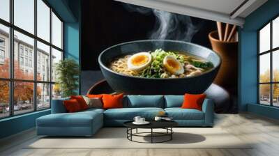 Bowl of steaming ramen with egg and green onions Wall mural