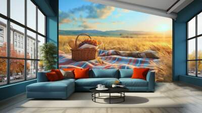 Bread food and grapes fruit in a wooden picnic basket or wicker placed on a cloth on dry grass wheat field rural countryside meadow at the sunset. Copy space, nobody, outdoors summer weekend vacation  Wall mural