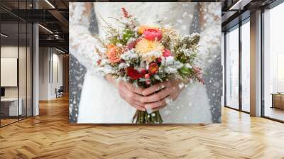 Bride holding and beautiful bouquet with snowy winter flowers and elegant woman wedding cold marriage, romantic celebration with graceful bridal tenderness Wall mural