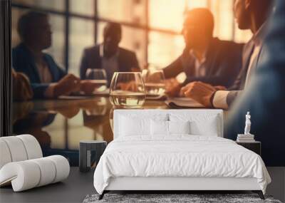 Business people in elegant suits sitting as company employees around the shiny glass table in a modern office interior room. Coworkers having a meeting, workplace communication, brainstorming ideas Wall mural