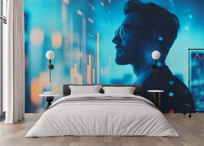 Businessman with double exposure analytics, virtual hologram screen displaying trends, financial data visualization concept, digital market statistics and analysis interface, tech professional Wall mural