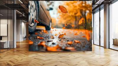 Car drive through road full of autumn leaves, automobile on a picturesque fall street, showcasing the beauty of the season with yellow and orange foliage, scenic transportation travel trip or journey Wall mural