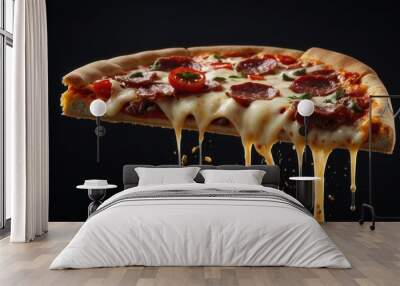 Close-up of pepperoni pizza slice with tomatoes, cheese, and herbs on black background Wall mural