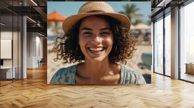 Close-up portrait of beautiful elegant woman smiling with summer vibes on blue background, showcasing natural beauty, bright expression, and cheerful mood, perfect for summer-themed concepts Wall mural