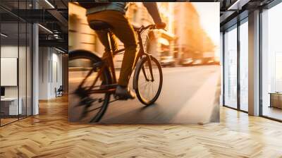 Close up rearview blur motion photography of a man riding his bicycle or bike on the city street at daytime in the sunny summer day. Defocused shot of a bicycle commuter traveling outdoors in a rush Wall mural