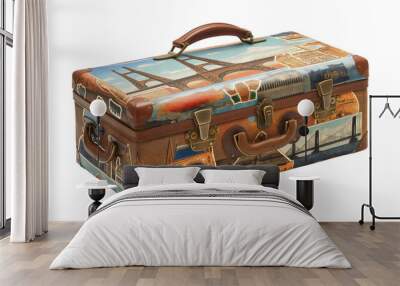 Closed vintage brown suitcase. Retro classic tourist baggage, tropical summer holiday adventure vacation trip accessories object isolated on transparent background Wall mural