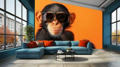 Closeup front view face head portrait of funny and cool monkey animal wearing sunglasses, looking at camera. Chimpanzee ape urban fashion style, yellow studio background, copy space Wall mural