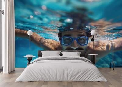 Closeup of a handsome young man with a beard, diving underwater in the swimming pool, smiling and looking at the camera. Male model summer leisure activities, happy, wearing goggles Wall mural